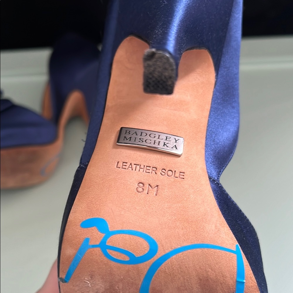 Badgley Mischka Navy Satin Bow Peep-Toe Heels - Picture 9 of 9